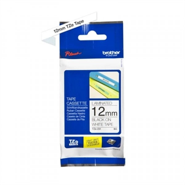 Brother cinta tze231 texto negro/blanco 12mm